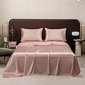 cheap Sheets &amp; Pillowcase-Pure Color Satin Imitation Silk Four-piece Set Simple Sheets, Mattress Covers, Pillowcases Bedding