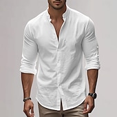 economico Casual da lavoro-Per uomo Camicia in cotone e lino Semplice Vacanza Nero Bianco Cachi Grigio scuro Manica Lunga Colletto alla coreana Abbigliamento