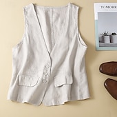 Χαμηλού Κόστους Βασικά Ψεύτικα Πουκάμισα-Γυναικεία Λινό από ψεύτικο βαμβάκι Τσέπη Κουμπιά Σκέτο Βασικό Καθημερινό Αμάνικο Λαιμόκοψη V Κανονικά μπλουζάκια Αργίες Εξόδου Μαύρο Πορτοκαλί Πράσινο του τριφυλλιού Χακί Μπεζ Καλοκαίρι