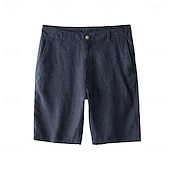 baratos Calções Elite Masculinos-Shorts masculino 100% linho liso na altura do joelho, para escritório, uso diário, férias, estilo étnico, azul escuro, inelástico