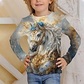 economico Animali 3D della Ragazza-Ragazze 3D Animale Cavallo Maglietta Manica Lunga Primavera Autunno Moda Essenziale Bambini 4-12 Anni Girocollo All&#039;aperto Casuale Quotidiano Vestibilità regolare