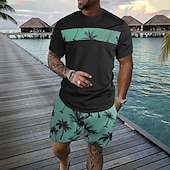 billiga T-shirts med tryck för män-Herr Palmträd 2st T-shirts uppsättningar Summer Tops Kortärmad Korta byxor Rund hals Ledigt Tillflykt Ledigt Utekväll Semesterkläder 3D-utskrift Sommar Blå Rodnande Rosa Grön