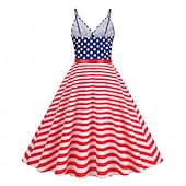  250º Aniversário EUA Meio-dia Vestidos Sem Mangas Nadador Bandeira dos EUA Decote V Fantasia Mulheres 250º Aniversário EUA 4 de julho Festa Adulto Vestido Verão
