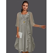 abordables Avec veste-Robe à deux pièces A-ligne pour la mère de la mariée à la plage invitée de mariage élégant col arrondi longueur genou chiffon dentelle sans manches vestes avec plis et appliqués 2025 taille