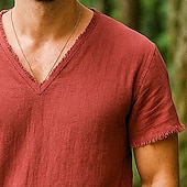 levne Bavlněné lněné trička-Pánské Tričko Top Lněné tričko Krátké rukávy Do V Léto Bez vzoru Módní Designové Základní Třásně Minimalistický Měkké Dovolená Ležérní Běžné / Denní Světle modrá Bílá Světlá růžová Top tričko pro muže