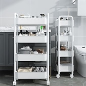 cheap Kitchen Storage-3/4 Tier Plastic Rolling Utility Cart with Handle, Multi-Functional Storage Trolley for Office, Living Room, Kitchen, Movable Storage Organizer with Wheels, White/Black