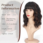 economico Parrucche trendy sintetiche-Parrucca Lativ nera mista castana con frangia, parrucche corte e ondulate per donne, lunghezza spalle, ricce, caschetto lungo 14 pollici, per cosplay di Halloween, uso quotidiano per feste
