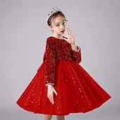 preiswerte Partykleider-Kinder Mädchen Kleid Partykleid Einfarbig Langarm Leistung Pailletten Netz Prinzessin Süß Netzstoff Knöchellang Etui-Kleid Tüllkleid Sommer Frühling Herbst Kinder Rosa Wein Khaki