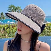 baratos Chapéus-chapéu de sol respirável feminino com laço, chapéu de palha com design oco, boné de verão dobrável com proteção UV