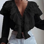 economico Top Semplici da Donna-Camicia da Donna Blusa Bottone Colore Solido Fiorita Piana Stile Casual a Maniche Lunghe V Collo Top Regolari Quotidiani Rouches Nero Bianco Rosa Blu Estate Primavera