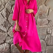 cheap Dresses-Women&#039;s Midi Dress Cotton Linen Dresses Casual Dress Fashion Outdoor Party Holiday Regular Fit Plain Long Sleeve Crew Neck Light Green Pink Grey Summer