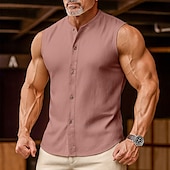 preiswerte Fitness Tank-Tops-Herren leinenhemd Tank Top Weste Unterhemd Ärmellos Rundhals Mandarinkragen Sommer Frühling &amp; Sommer Einfach Mode Designer Basic Knöpfe Knopf vorne Urlaub Straße Lässig Schwarz Rosa Wein Top T-Shirt