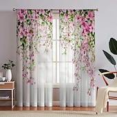 お買い得  シアーカーテン-植物と花柄の窓装飾品2点セット。スクリーンウィンドウは、寝室やキッチンのプライバシー保護と部屋の装飾に使用できます。