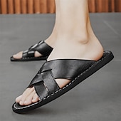 billige Ferietøfler-brune sandaler i imitert skinn med kryssrem – uformelle slip-on sandaler med slitesterk såle, perfekt for hverdagskomfort, ferie og utendørseventyr