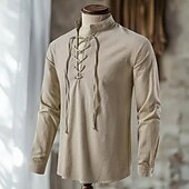 economico Vacanza-Per uomo Camicia Camicia di lino Stile vichingo Camicia Estiva Abbigliamento da spiaggia Camicia pirata Tinta unica Vacanza Streetwear Nero Blu marino Cachi Manica Lunga Collo alla coreana Estate