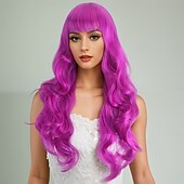 cheap Party Wigs-Synthetic Wig Wavy Bouncy Curl Layered Haircut Neat Bang Machine Made Wig 28 inch A1 Synthetic Hair Women&#039;s Classic Color Gradient Highlighted / Balayage Hair Purple