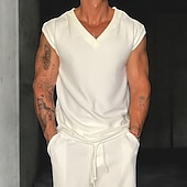 preiswerte Fitness Tank-Tops-Herren Tank Top Weste Ärmelloses Shirt Ärmellos V Ausschnitt Sommer Einfach Mode Klassisch Lässig Kordelzug Rein Straße Lässig Sport Weiß Top T-Shirt für Herren