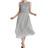abordables Longueur du thé-Ligne A Robe de Mère de Mariée  Formel robe demoiselle d honneur Élégant Simple Minimaliste Col ras du cou Longueur thé Chiffon Sans manches avec Paillettes 2025