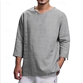 baratos Clássico-Homens Camisa Social Camisa de linho Camisa Popover camisa de verão Roupa de Praia Côr Sólida Férias Casual Preto Azul Marinha Azul Céu cáqui 3/4 de Manga Decote V Verão Primavera Roupa