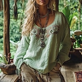 ieftine Topuri Boho-Pentru femei Bluză occidentală Cămașă Boho Bluză Floare Modern Casual Boho Manșon Lung Stil Nautic Topuri obișnuite Concediu Ieșire Imprimeu Verde Deschis Bleumarin Caisă Vară