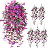 ieftine Plante și flori artificiale-5 buc flori artificiale agățate de glorie de dimineață pentru exterior, petunii artificiale rezistente la UV, mătase falsă, viță de vie lungă, eucalipt, glorie de dimineață, pentru exterior, jardinier de interior, verandă, combinație de decor pentru casă.