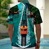 levne Ocean Print-Pánské 3D tisk Oceán Pociąg Košile Havajská košile Košile na knoflíky Krátký rukáv Havajské Dovolená Oblečení na pláž Léto Jaro Přehnutý 3D tisk košile s límečkem Jedna přední kapsa Vodní modrá