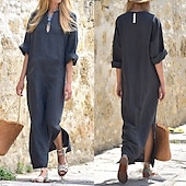 cheap Dresses-Women&#039;s Long Dress Maxi Dress Cotton Linen Dress Classic Daily Holiday Going out Regular Fit Plain Long Sleeve V Neck Black White Wine Dark Gray Summer