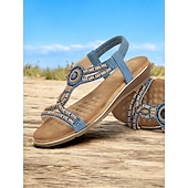 cheap Vacation Sandals-Women&#039;s Bohemian Beaded Elastic Slingback Sandals – Blue and Copper Flat Summer Shoes for Walking , Vacation and Beach