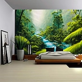 cheap Forest Tapestry-Magnificent Forest Waterfall Landscape Hanging Tapestry Mural Art Large Tapestry Mural Decoration Photos Background Carpet Curtains Home Bedroom Living Room Decoration