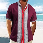 preiswerte Freizeithemden für Herren-Herren Hemd Waffelhemd Sommerhemd Freizeithemd Strandhemd Knopfhemd Schwarz Weiß Wein Grün Kaki Kurzarm Geometrisch Revers Urlaub Täglich Patchwork Bekleidung Mode Lässig