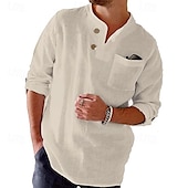 economico Classico-Per uomo Camicia Camicia di lino Camicia popover Camicia Estiva Abbigliamento da spiaggia Camicia button-down Tinta unica Vacanza Streetwear Nero Bianco Blu Cachi Manica Lunga Collo alla coreana