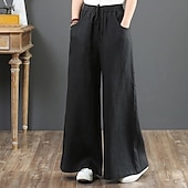 preiswerte Schlichte Hose aus Baumwollleinen-Damen Weites Bein Hose aus Baumwollleinen Stoffhosen Mode Streetwear Volle Länge Natürliche Taille Einfach Tasche Elastisches Kordelzugdesign Bequem Außenbereich Straße Ferien Wochenende Aprikose