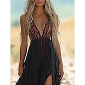 tanie Sukienki boho-Damskie Sukienka midi Codzienne sukienki Letnie sukienki Sukienka Boho Strój zachodni Zabytkowe Urlop Codzienny Wyjściowe Regularny Kwiaty Bez rękawów W serek Czarny Lato