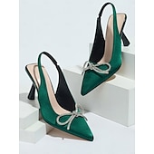 economico cocktail-Scarpe con tacco a spillo in raso verde da donna con cinturino posteriore e fiocco di cristallo: tacchi a gattino sofisticati per cocktail party e occasioni festive
