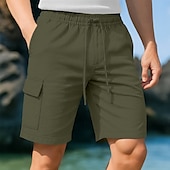 cheap Holiday-Men&#039;s Cargo Shorts Shorts Linen Shorts Summer Shorts Beach Shorts Drawstring Elastic Waist Multi Pocket Plain Knee Length Outdoor Casual Daily Vacation Hawaiian Black White Micro-elastic