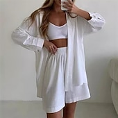 cheap Sets-Women&#039;s Fashion Streetwear Shirt Cotton Linen Sets Two Piece Sets Long Sleeve Shirt Collar Plain Daily Wear Date White Blue Green Summer Regular Fit