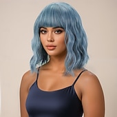 cheap Synthetic Trendy Wigs-Synthetic Wig Wavy Water Wave Layered Haircut Neat Bang Machine Made Wig 12 inch A1 Synthetic Hair Women&#039;s Classic Adorable Comfortable Blue