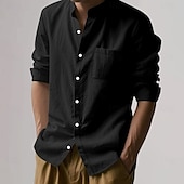 preiswerte Business Casual-Herren Baumwoll-Leinen-Hemd Einfach Urlaub Schwarz Weiß Khaki Dunkelgray Langarm Großvaterkragen Bekleidung Tasche