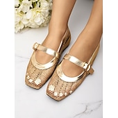 cheap Women&#039;s Flats-Women&#039;s Gold Mesh Mary Jane Flats – Elegant Low Heel Date Shoes with Buckle Strap for Casual Outings and Daily Wear