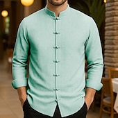 economico Casual da lavoro-Per uomo Camicia in cotone e lino Colore Solido / Tinta Unita Vacanza Nero Bianco Verde chiaro Rosa Manica Lunga Nonno Abbigliamento