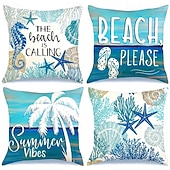 Summer Ocean Beach Decorative Toss Pillows Cover 4PC Soft Square Couch Cushion Case Pillowcase for Bedroom Livingroom Sofa Chair3