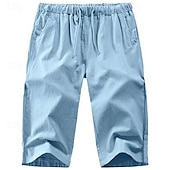baratos Clássico-Homens Calças Capri Shorts de linho Shorts de verão Shorts de praia Bolsos Com Cordão Cintura elástica Tecido Conforto Respirável Comprimento da panturrilha Férias Feriado Praia Havaiana Boho Preto