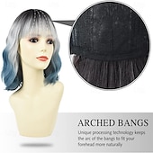 economico Parrucche trendy sintetiche-Parrucca ondulata con frangia, parrucca blu argento naturale sfumata, capelli sintetici, lunghezza spalle, parrucche corte e ricce sfumate per donna