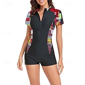 abordables Maillots de bain une pièce-Femmes Maillots de Bain Une Pièce Maillot de bain Zip Up Patchwork Tropical Tenues de plage Fleur Col rond Manches courtes Maillots de bain