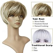 economico parrucca più vecchia-Parrucca corta bionda con taglio pixie per donna, con strato soffice e meches, con radice elasticizzata, parrucca pixie sintetica con frangia per donna, parrucca sostitutiva da indossare ogni giorno