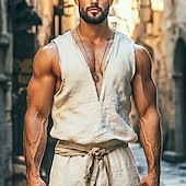 preiswerte Baumwoll-Leinen T-Shirts-Herren leinenhemd Tank Top Weste Unterhemd Ärmellos V Ausschnitt Sommer Einfach Mode Böhmische Klassisch Straße Lässig Sport Beige Top T-Shirt für Herren