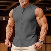 preiswerte Fitness Tank-Tops-Herren leinenhemd Tank Top Weste Unterhemd Ärmellos Rundhals Mandarinkragen Sommer Frühling &amp; Sommer Einfach Mode Designer Basic Knöpfe Knopf vorne Urlaub Straße Lässig Schwarz Rosa Wein Top T-Shirt