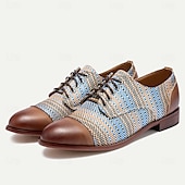 cheap Textured Weave Shoes-Men&#039;s Blue and Tan Woven Oxford Shoes – Retro Lace-Up Casual Shoes for Creative Professionals and Everyday Style