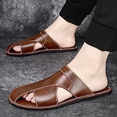 お買い得  アウトドアサンダル-メンズブラウンフェイクレザースライドサンダル - クロスストラップデザインのプレミアム品質。夏の休暇、カジュアルな外出、リラックスした快適さに最適です。