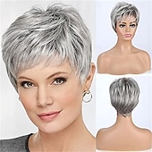 economico parrucca più vecchia-Parrucche corte castane per donne in fibra di memoria sana, taglio pixie, capelli naturali per uso quotidiano
